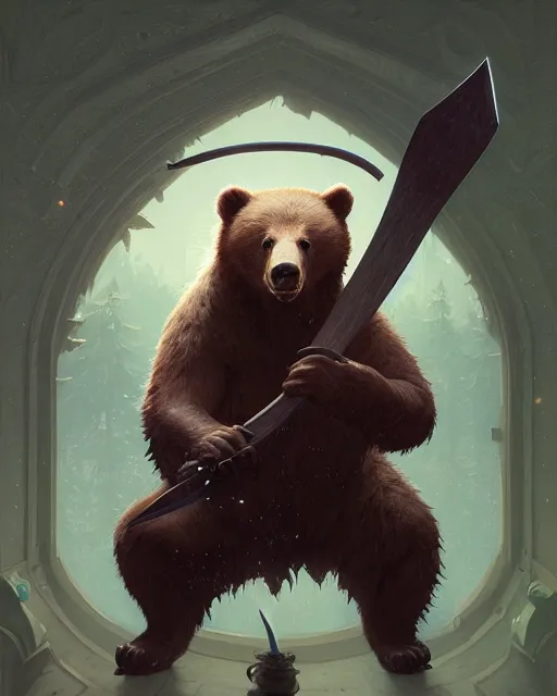 Prompt: highly detailed surreal vfx portrait of a ninja bear holding an axe, stephen bliss, unreal engine, greg rutkowski, loish, rhads, beeple, makoto shinkai and lois van baarle, ilya kuvshinov, rossdraws, tom bagshaw, alphonse mucha, global illumination, detailed and intricate environment