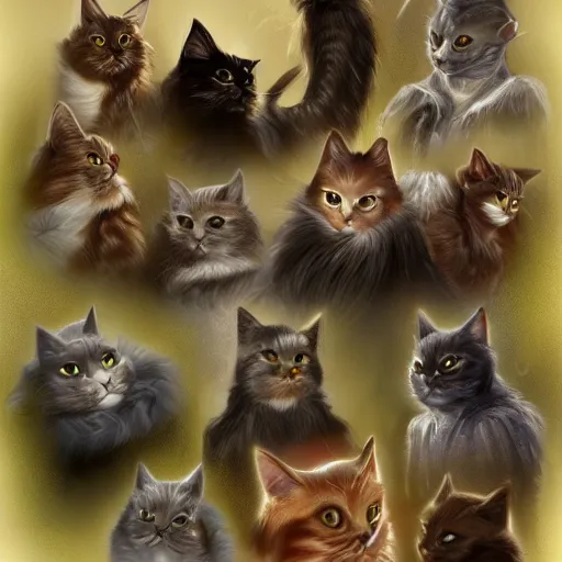 Image similar to if cats were loud if the rings characters, lotr, cats, cats dressed in lotr costumes, hobbits, gandalf, elves, dwarves, 4 k, hyper realistic, artstation