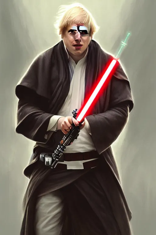 Prompt: Boris Johnson as a Jedi from Star Wars, Union Jack light saber, realistic portrait, symmetrical, highly detailed, digital painting, artstation, concept art, smooth, sharp focus, illustration, cinematic lighting, art by artgerm and greg rutkowski and alphonse mucha