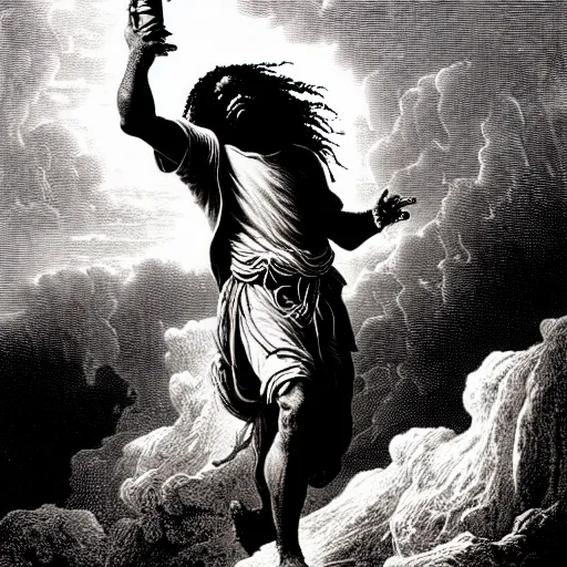 Prompt: cheef keef ascending into heaven holding cough syrup, biblical image, style of gustave dore, highly detailed, beautiful, high contrast, black and white