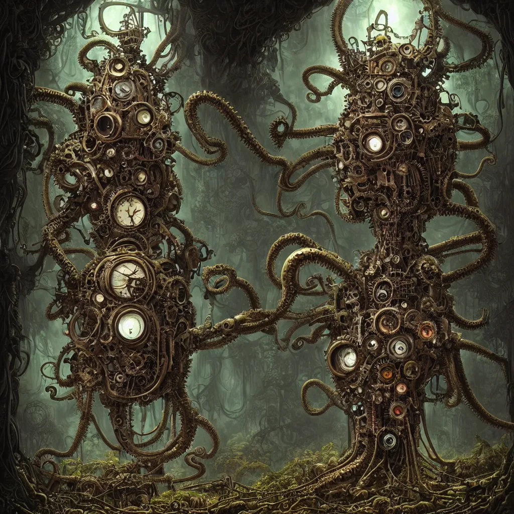 Prompt: biomechanical steampunk creature with robotic parts and big octopus head and (glowing) eyes guarding an ancient cave entrance with lush vegetation in a mystic forest, gothic and baroque, brutalist architecture, ultradetailed, creepy ambiance, fog, artgerm, giger, Intricate by Ellen Jewett and Josan Gonzalez and Giuseppe Arcimboldo