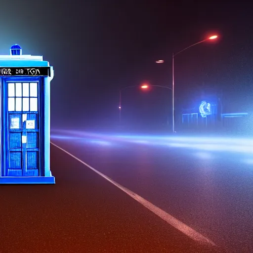 Image similar to a hyperdetailed photograph of the tardis sat on a futuristic street corner, night, dense fog, rain, hd, 8 k resolution