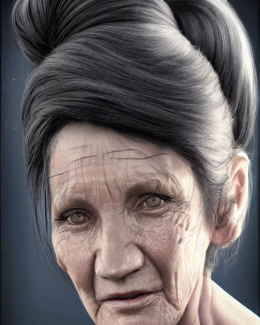 Image similar to portrait 6 0 - year - old woman, tall, severe - looking, with dark hair tied up in a bun, hyper realistic face, beautiful eyes, character art, art by mark brooks, hyperdetailed, cryengine, trending on artstation, digital art