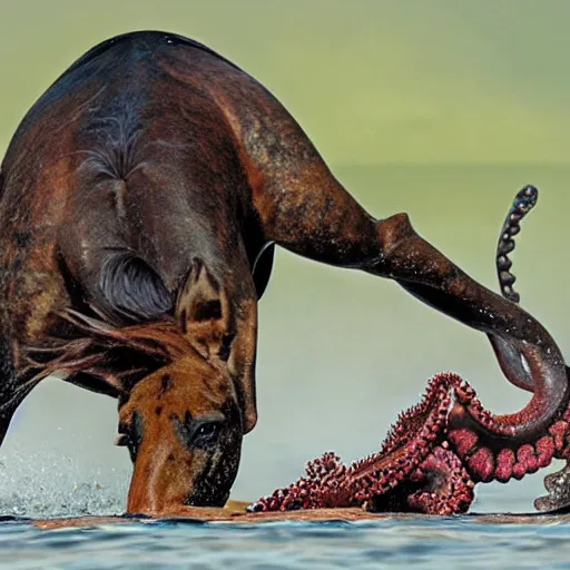 Image similar to National Geographic photo of horse full of octopus being eaten by African hunting dogs