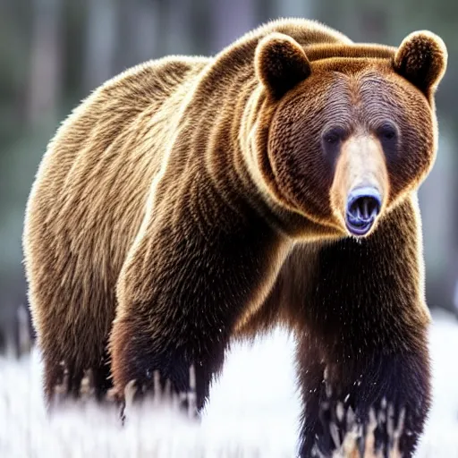 Image similar to a bloodthirsty bear, raised up on one side, with three ribs in its mouth between its teeth