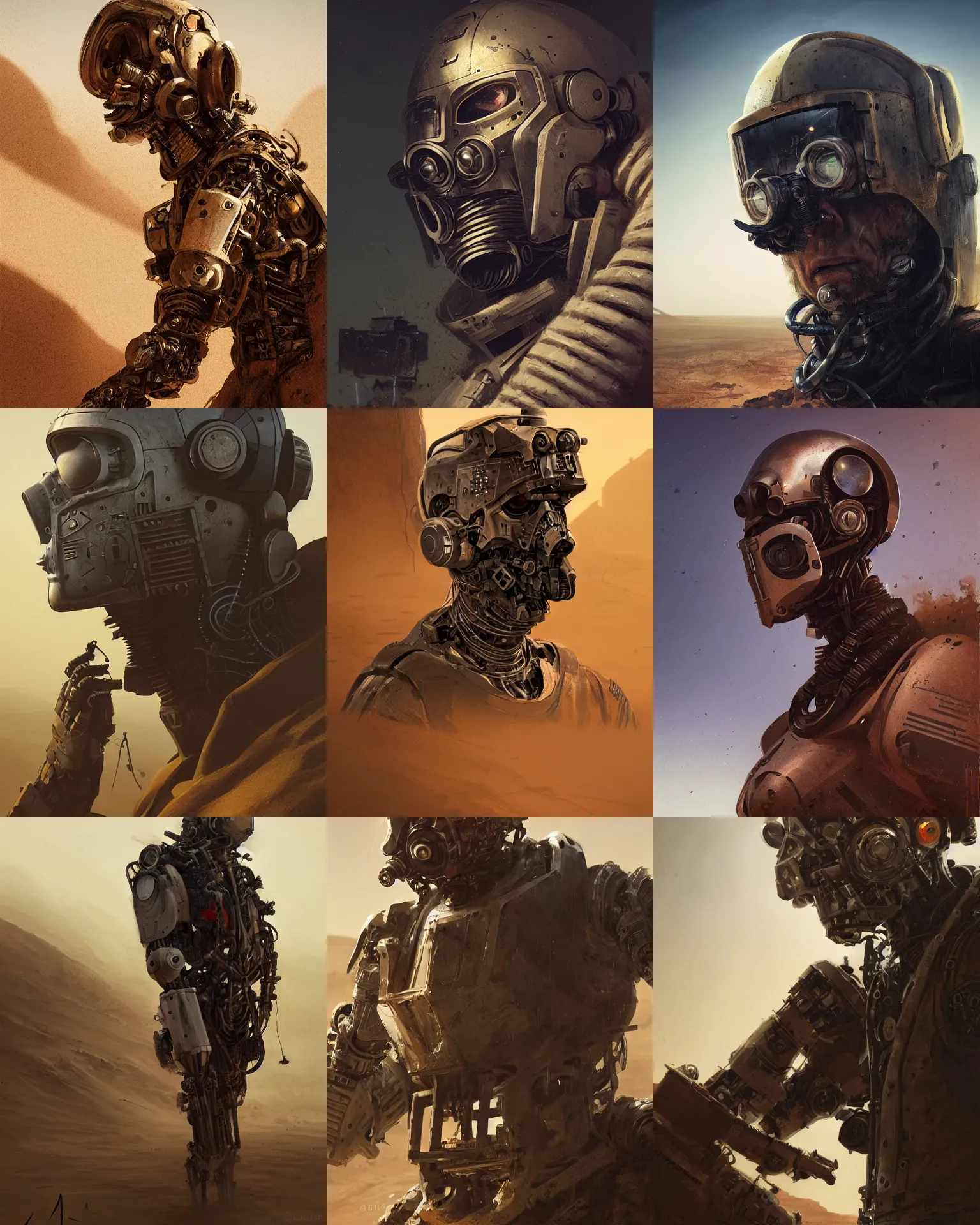 Prompt: a masked rugged engineer man with cybernetic enhancements lost in the desert, scifi character portrait by greg rutkowski, esuthio, craig mullins, 1 / 4 headshot, cinematic lighting, dystopian scifi gear, gloomy, profile picture, mechanical, half robot, implants, steampunk