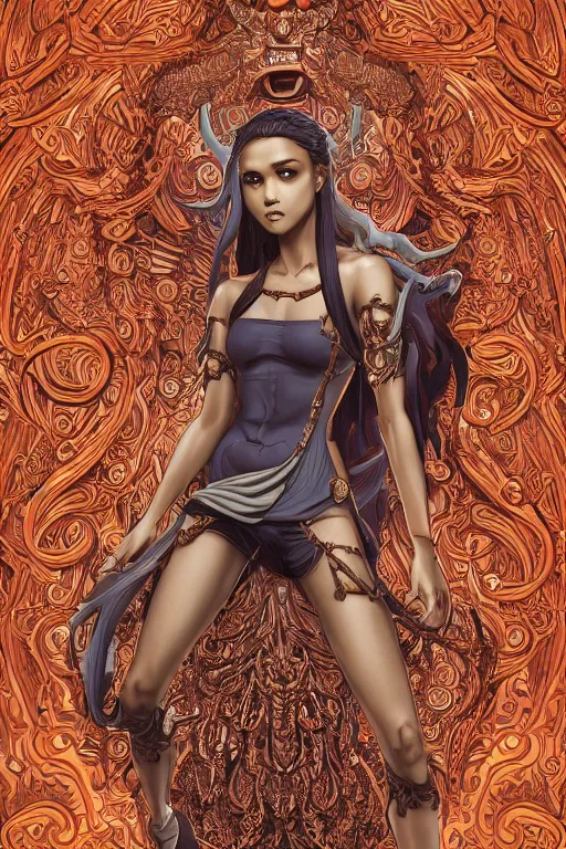 Prompt: skin made of ornate portrait of a wrathful diety teen Jessica Alba, ornate skin, ancient relief carving background, incredible, anime, Digital 2D, animated by Kyoto Animation, Studio Ghibli, Miyazaki, AKIRA art style, by Laurie Greasley, beautiful, gorgeous, dramatic lighting, rule of thirds, perfect composition, trending on ArtStation, 4k, cropped