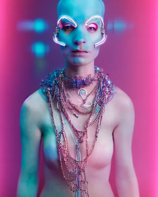Prompt: natural light, soft focus portrait of a cyberpunk anthropomorphic ghost with soft synthetic pink skin, blue bioluminescent plastics, smooth shiny metal, elaborate ornate jewellery, piercings, skin textures, by annie leibovitz, paul lehr