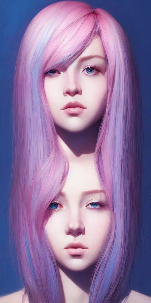 Image similar to a singular beautiful girl with pink and blue dyed hair, realistic female portrait, highly detailed, by ilya kuvshinov, makoto shinkai, photorealistic