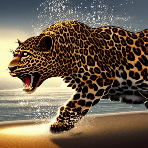 Image similar to a leopard jumping in the water on the beach, highly-detailed, dramatic lighting, artstation, 4k, cinematic landscape