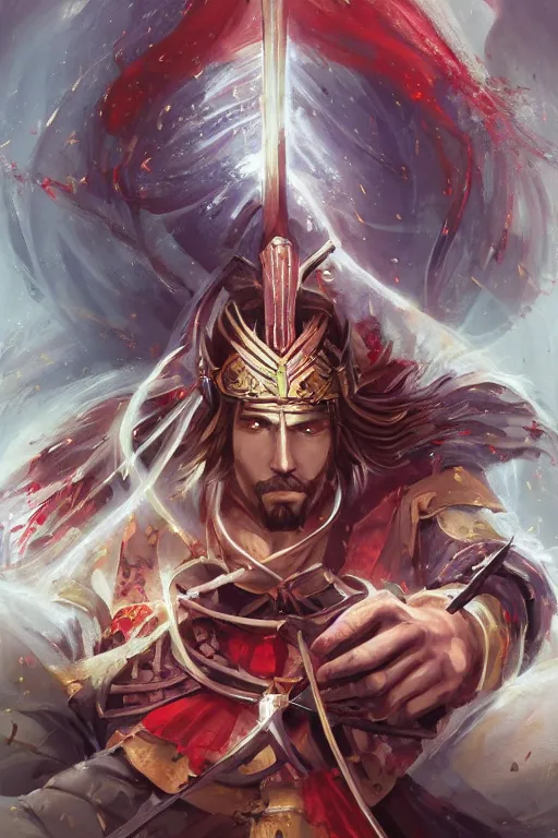 Prompt: A card with description and status of samurai Jesus Christ holding a Sacred Heart armor and katana, card game, card, trade card game, Artifact Dota2, by Stanley Artgerm Lau, WLOP, Rossdraws, James Jean, Andrei Riabovitchev, Marc Simonetti, Yoshitaka Amano, ArtStation, CGSociety,