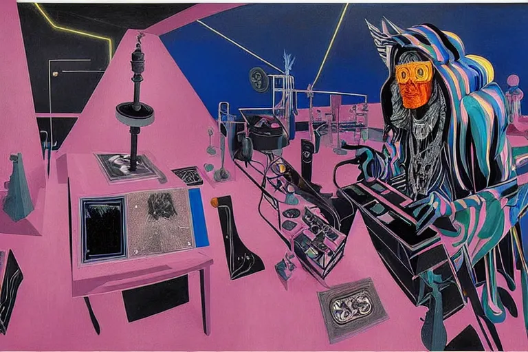 Image similar to a highly detailed beautiful masterpiece painting of a technomancer wizard in dazzle camouflage robes with pointed hood tampering with the world engine in his laboratory near a computer by Remedios Varo and Anato Finnstark and Greg Rutkowski and Andy Warhol and Francis Picabia, dayglo pink, dayglo blue, prismatic, pearlescent white, raven black, hyperrealism, 8k, trending on ArtStation