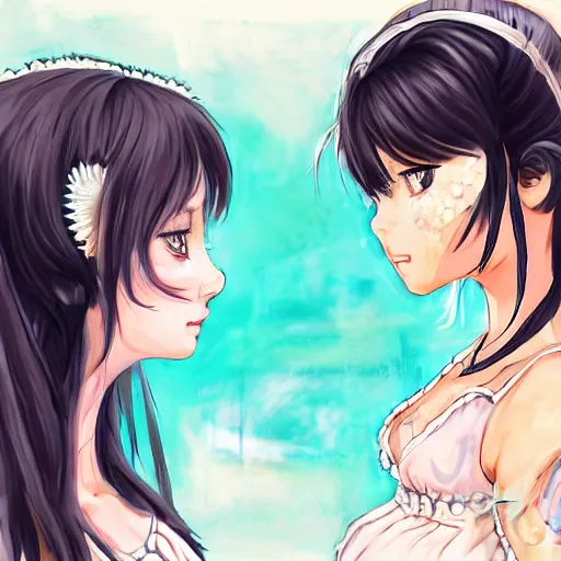 Image similar to an angry stare down between two beautiful maids standing face to face, detailed anime art