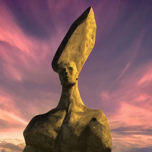 Prompt: a giant stone statue of the lambda symbol, epic sunset skies in the background, highly detailed digital art by jullie bell