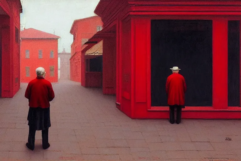 Image similar to only with red, a red old man try to sell a portrait, cheering crowd, in a old city square, in the style of beksinski, parts by edward hopper, parts by rodcenko, parts by yue minjun, intricate and epic composition, red by caravaggio, insanely quality, highly detailed, masterpiece, red light, artstation, 4 k