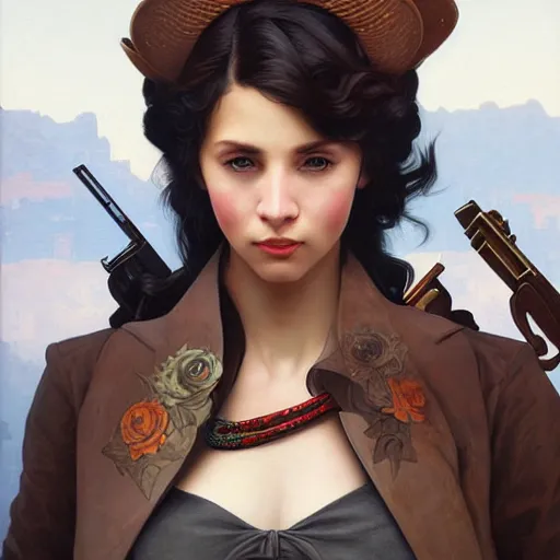 Image similar to a portrait painting of a gunslinger fantasy lady, highly detailed, art by tristan eaton and artgerm and william - adolphe bouguereau