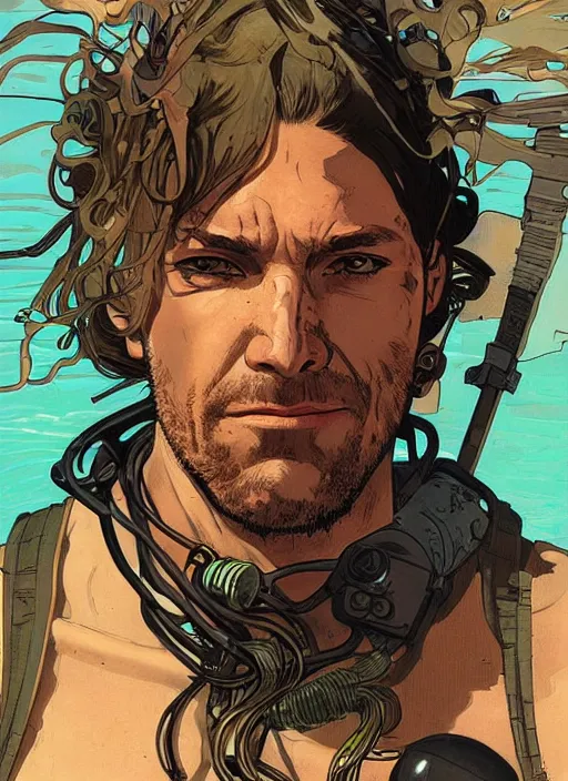 Prompt: cyberpunk beach bum. portrait by ashley wood and alphonse mucha and laurie greasley and josan gonzalez and james gurney. splinter cell, apex legends, rb 6 s, hl 2, d & d, cyberpunk 2 0 7 7. realistic face. character clothing. vivid color. dystopian setting.