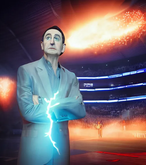 Image similar to portrait photography of mike krzyzewski as the god king emperor, blue devils, basketball, glowing, nimbus, volumetric light, unreal engine 5