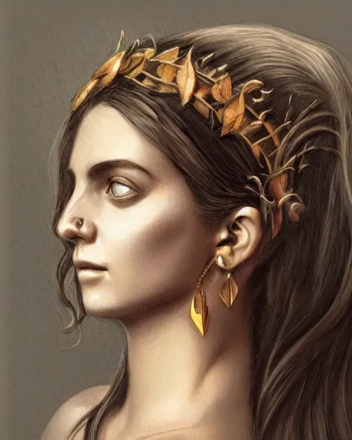 Image similar to realism tattoo sketch of a beautiful greek goddess aphrodite with piercing eyes wearing a laurel wreath and triangle earrings, in the style of greg rutkowski, amazing detail