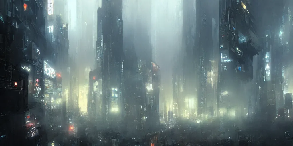 Prompt: emerging from the fog, cyberpunk cityscape, by craig mullins,
