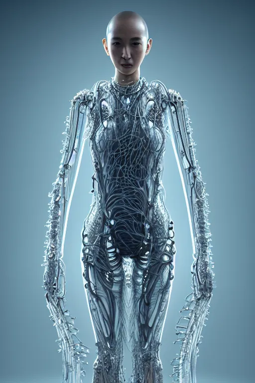 Image similar to beautiful young asian woman, iris van herpen, perfect symmetrical body, full body shot, inflateble shapes, wires, tubes, veins, jellyfish, white biomechanical details, wearing epic bionic cyborg implants, masterpiece, intricate, biopunk, vogue, highly detailed, artstation, concept art, cyberpunk, octane render