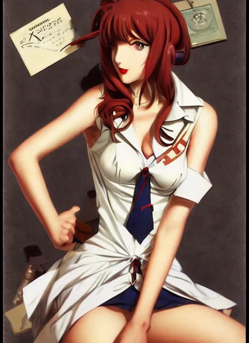 Prompt: Makise Kurisu from Steins;Gate pin up modelling, portrait, post war style, detailed face, american postcard art style, anime, by Gil Elvgren, Julie Bell, krenz cushart, Greg Hildebrandt