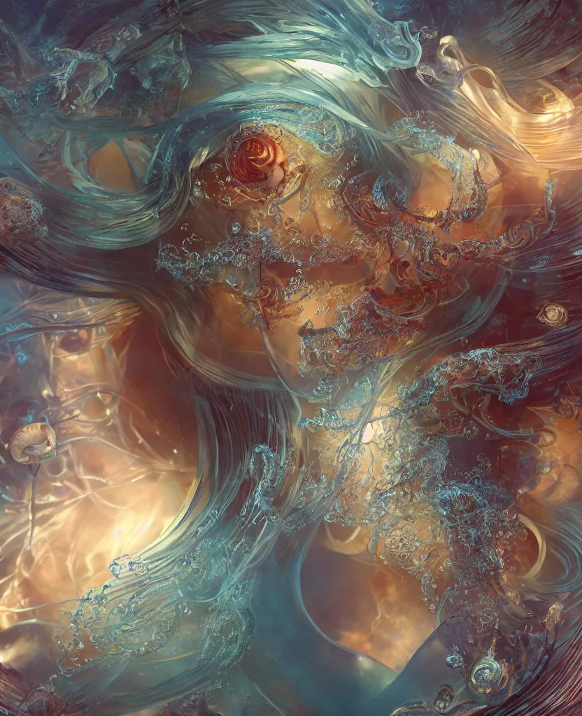 Prompt: 3 d close up swirly portrait of the face of a beautiful princess with translucent nautilus jellyfish phoenix bird and giant orchid flower and giant gladiola surrounded by smoke and water fire energy flow, intricate, very highly detailed. octane render, excellent composition, by wlop, by tooth wu, by greg rutkowski, by alphonse mucha