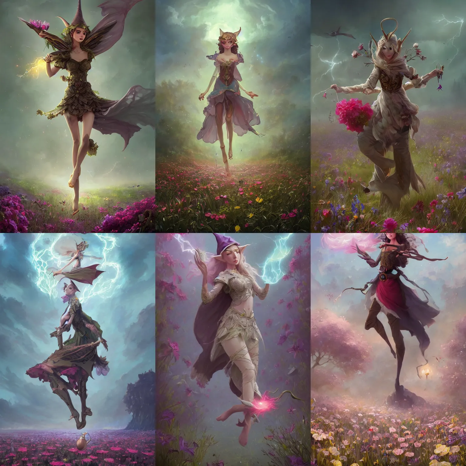 Prompt: A high fantasy elf owl girl magician standing in the middle of the field of flowers, by Peter Mohrbacher and Craig Mullins, digital art, full shot, suspense, thrilling, official media, beautiful cinematic composition, detailed, high quality, wallpaper 4K, epic, trending on artstation and behance, dynamic lightning