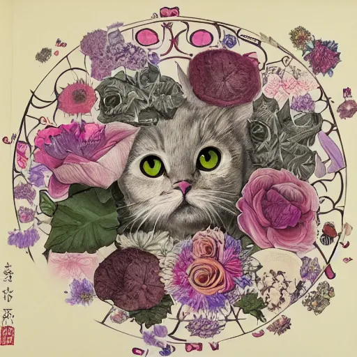 Image similar to image is fully filled with preserved flowers and detailing cat face is emerging from the center, rokoko style