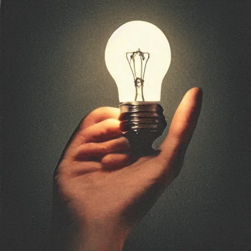 Image similar to hand holding a gleaming lightbulb, polaroid photo, surreal,