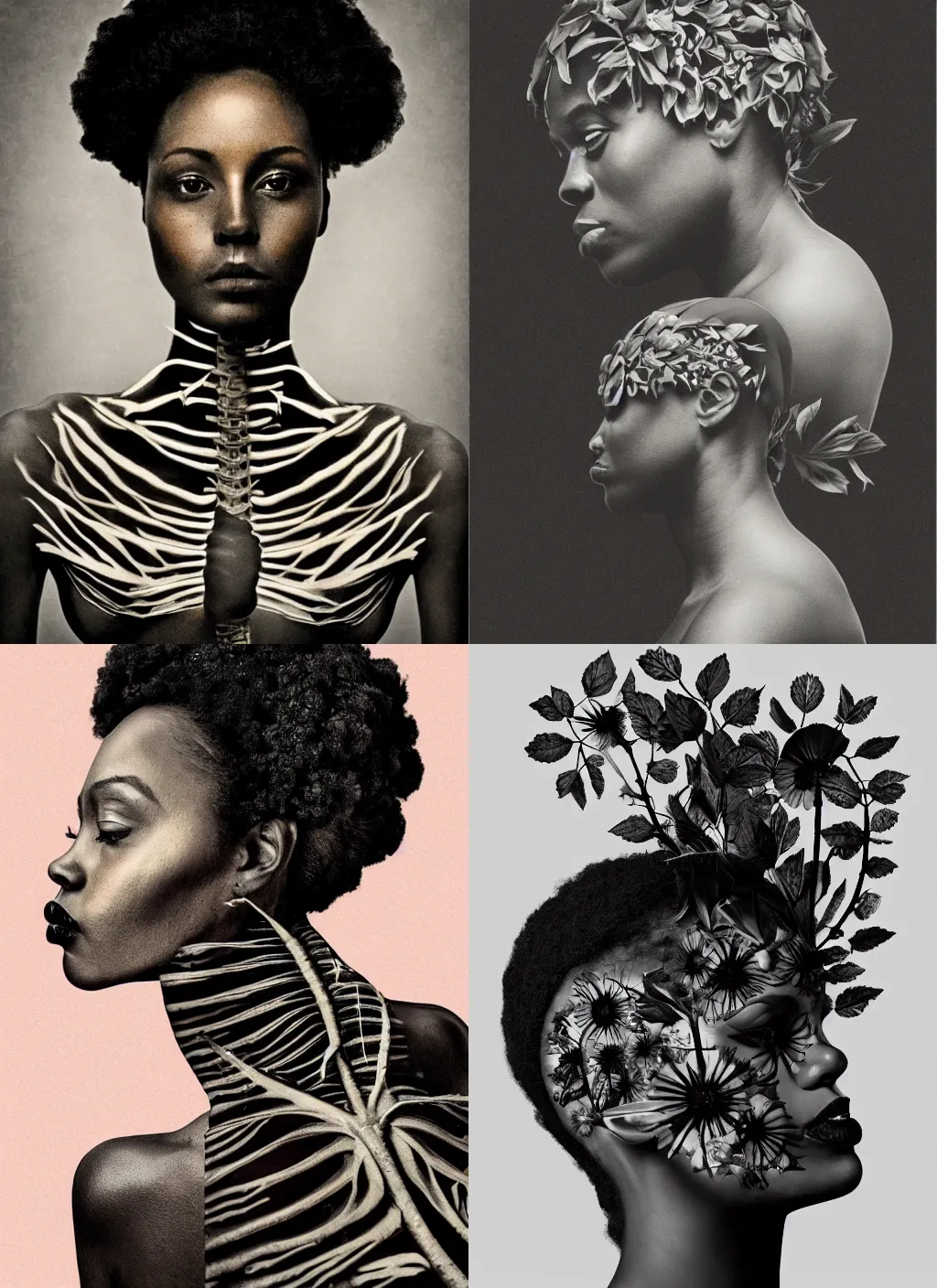 Prompt: a beautiful black womans face, made in profile of flower and leaf skeleton, in the style of dutch masters and gregory crewdson, dark and moody,