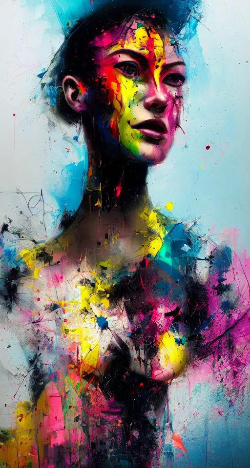 Prompt: abstract portrait of female shape, city in the background, beautiful abstract female shape, rule of thirds, face symmetry, colourful spray paint splatters, expressive, abstract art, by greg rutkowski, by jeremy mann, by francoise nielly, 4 k, 8 k, correct body proportion, cinematic style, female shape shadow