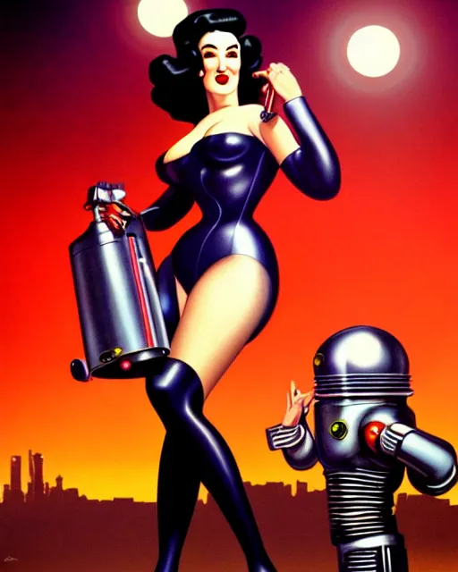 Image similar to closeup beautiful retro space dita von teese posing with a chrome robot in diesel punk city at night, pinup, windblown dark hair, seductive, hyper detailed, digital art, smooth, sharp focus, gil elvgren, luis royo, alberto vargas, 1 9 5 0, when mars attacks