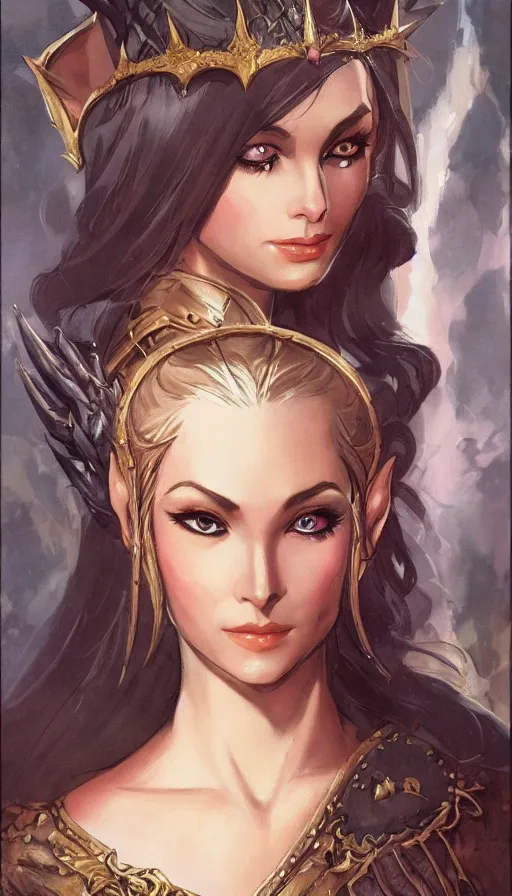 Image similar to elven princess character portrait by frank frazetta, fantasy, dungeons & dragons, sharp focus, beautiful, artstation contest winner, detailed