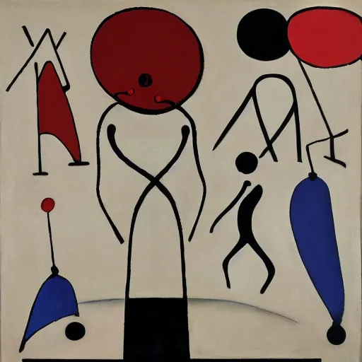 Image similar to an acryllic painting of a group of strange people, on a pale background, muted palette mostly white, black, gray, dark red, dark blue, figure riding penny farthing, woman in long dresses with parasol, astronaut, objects and shapes are scattered around the composition, minimalistic, mixed media, in the styles of both joan miro and mark rothko