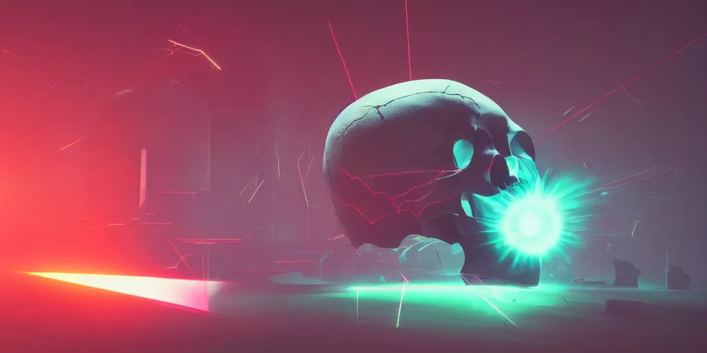 Prompt: a huge skull with laser blast, in the style of Beeple, cinematic, 4K