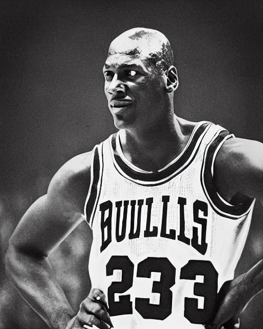 Image similar to photograph of michael jordan in a chicago bulls uniform at a national park, in the style of ansel adams. monochrome hdr, accurate facial details