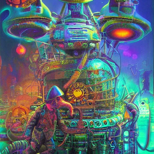 Prompt: steampunk rat, acid, 303, psychedelic, by paul lehr, cd cover for psytrance artist