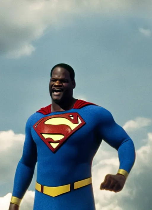 Image similar to film still of Shaquille O'Neal as Superman in Superman, 4k