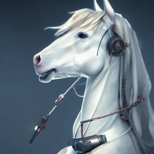 Prompt: a white horse as a robot vampire in the style of makoto shinkai zhaoming wu, john collier, albert aublet, cedric peyravernay. sharp focus, semi - realism, intricate detail. unreal engine, octane rendering