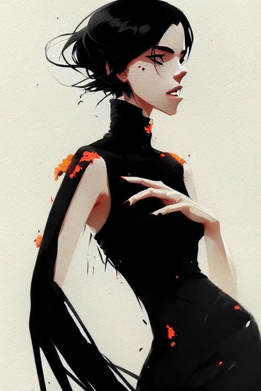 Image similar to a ultradetailed beautiful panting of a stylish woman wearing a black dress, by conrad roset, greg rutkowski and makoto shinkai, trending on artstation