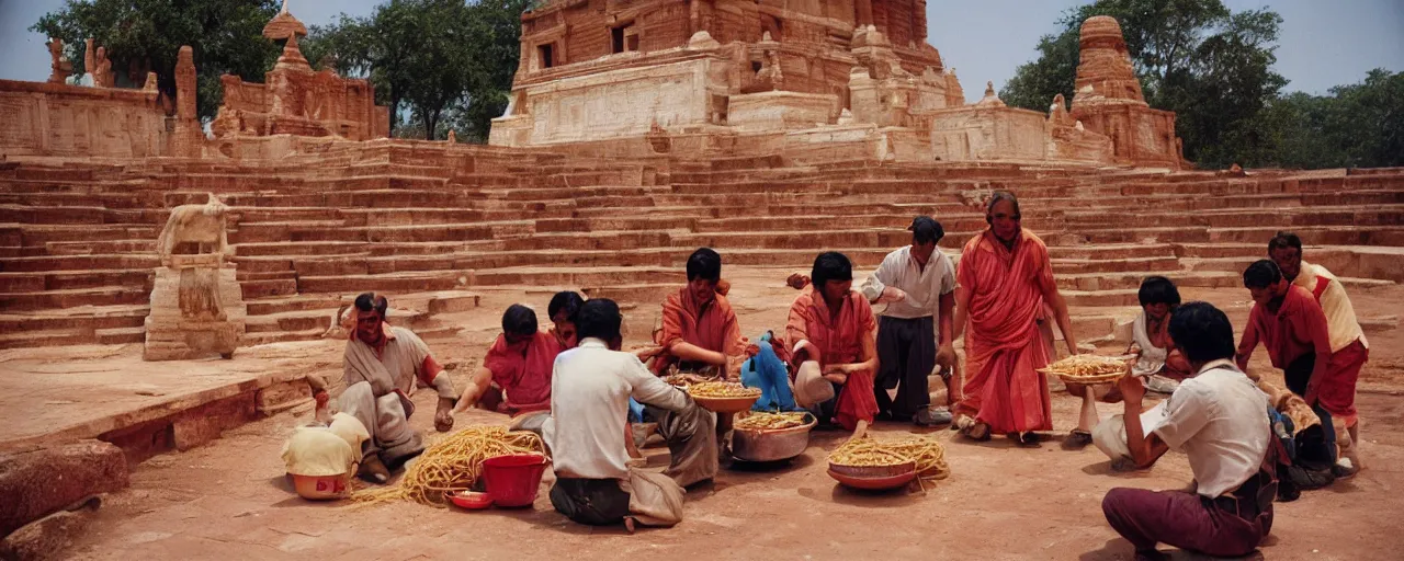 Prompt: people offering spaghetti at sanchi stupa, ancient india, canon 5 0 mm, kodachrome, in the style of wes anderson, retro