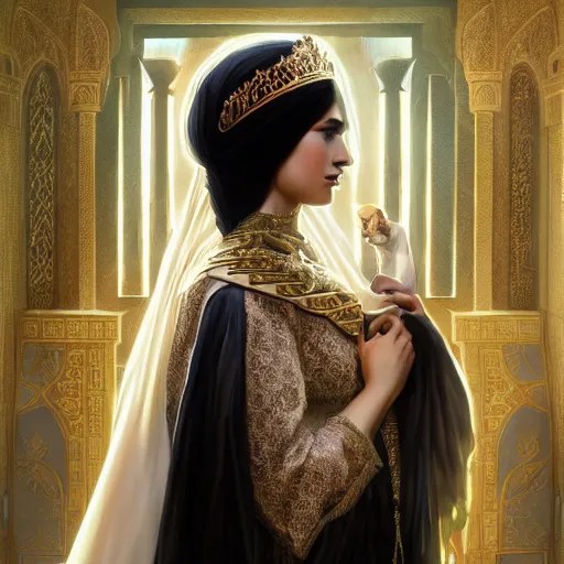 Image similar to a Photorealistic dramatic hyperrealistic render of an arab queen Esther, green eyes, middle Eastern skin, eyes, black hair, white veil, with a pet lion by WLOP,Artgerm,Greg Rutkowski,Alphonse Mucha, Beautiful dynamic dramatic dark moody lighting,shadows,cinematic atmosphere,Artstation,concept design art,Octane render,8K