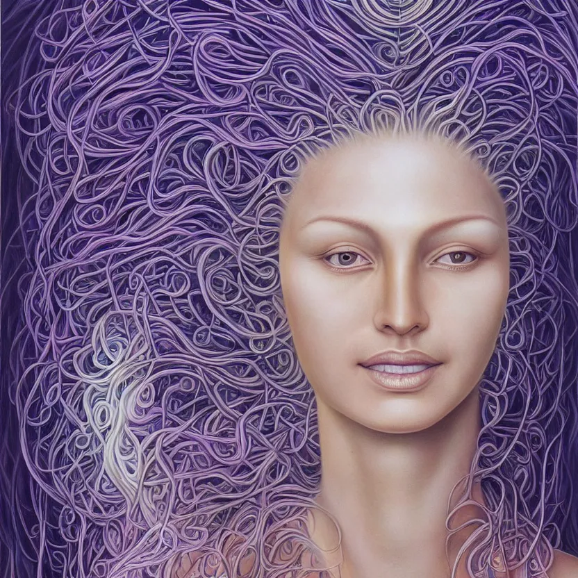 Image similar to perfectly centered portrait front view of a beautiful mushroom goddess, flowing hair, intense stare, sweet smile, symmetrical, volumetric shadows and lighting, realistic oil painting by alex grey,