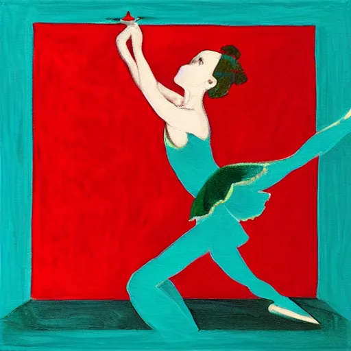 Image similar to square painting of a ballerina drinking wine in a teal room all on a red background