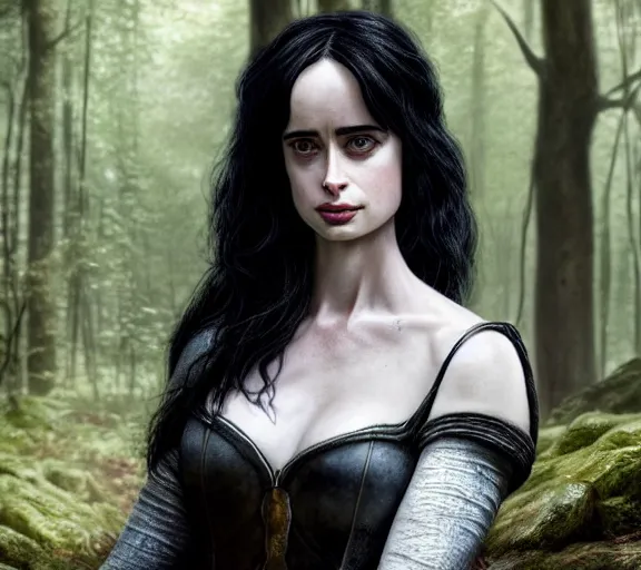 Image similar to 5 5 mm close up portrait photo of krysten ritter as yennefer of vengerberg in black leather armor and black hair, in a forest. magical atmosphere. art by greg rutkowski. lifelike. very detailed 8 k. intricate. soft light. nikon d 8 5 0.