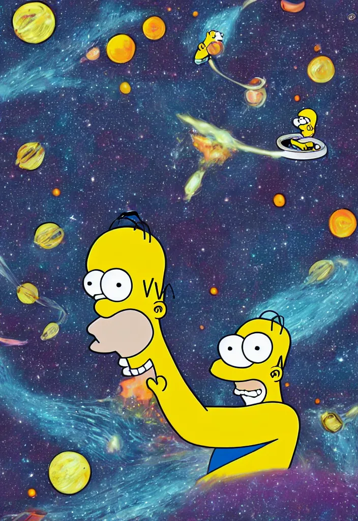 Image similar to Homer Simpson breaking the fabric of space, digital art