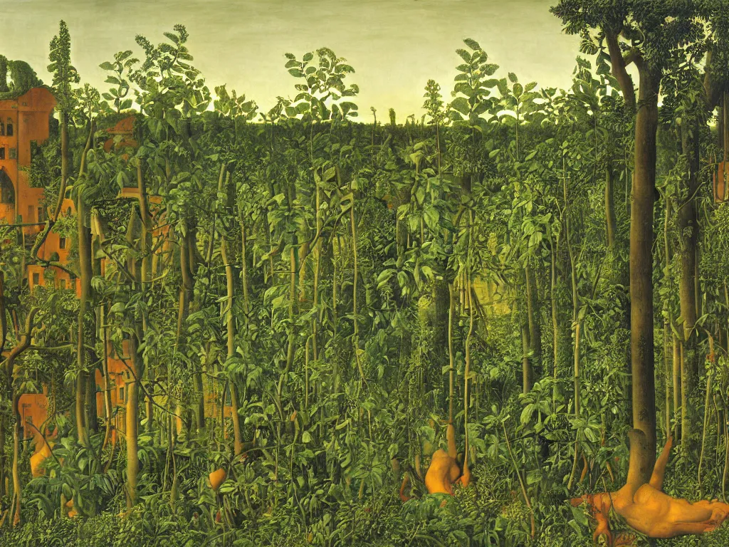 Image similar to Apocalypse with vegetation, leaves, creepers, ivy, ferns taking over the industrial metropolis, toxic, machinery, factory. Thunderstorm, autumn light. Painting by Giovanni Bellini, Henri Rousseau, Escher