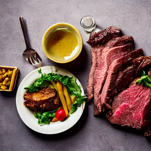 Image similar to the main course and sides of a texas steakhouse, food photography