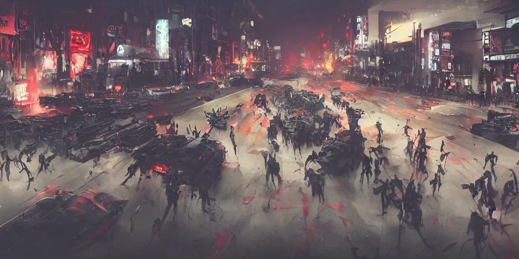 Image similar to cinematic wide angle view of a dystopian instagram influencer parade through the streets los angeles being worshipped by shadow figures, by yoshitaka amano, by ruan jia, by conrad roset, by kilian eng, high detail, digital painting, minimalist art style, death stranding art style, cinematic lighting, artstation, cgsociety, 3 5 mm film grain